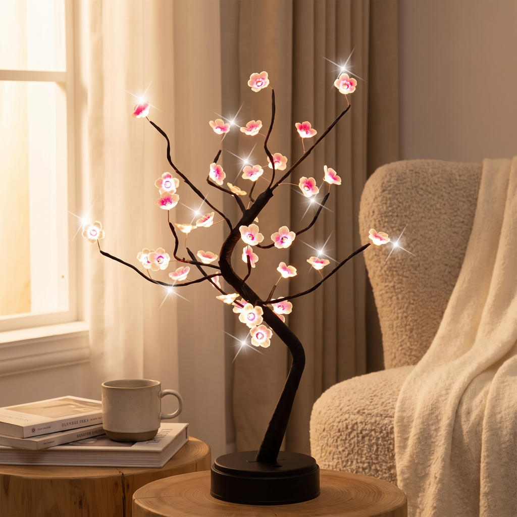 USB LED Decorative Tree Lamp with Touch Control styled in a warm household setting