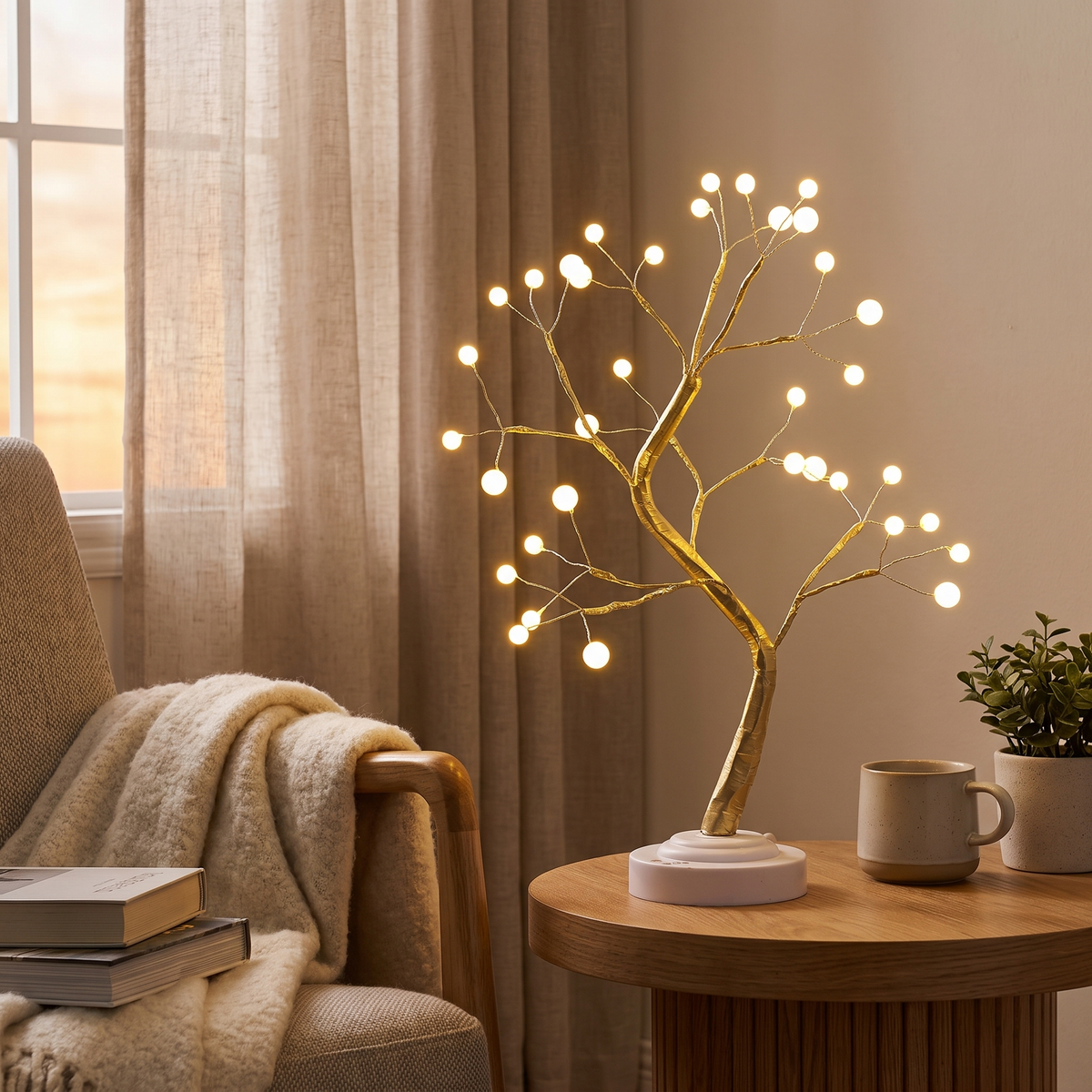 USB LED Decorative Tree Lamp with Touch Control styled in a warm household setting