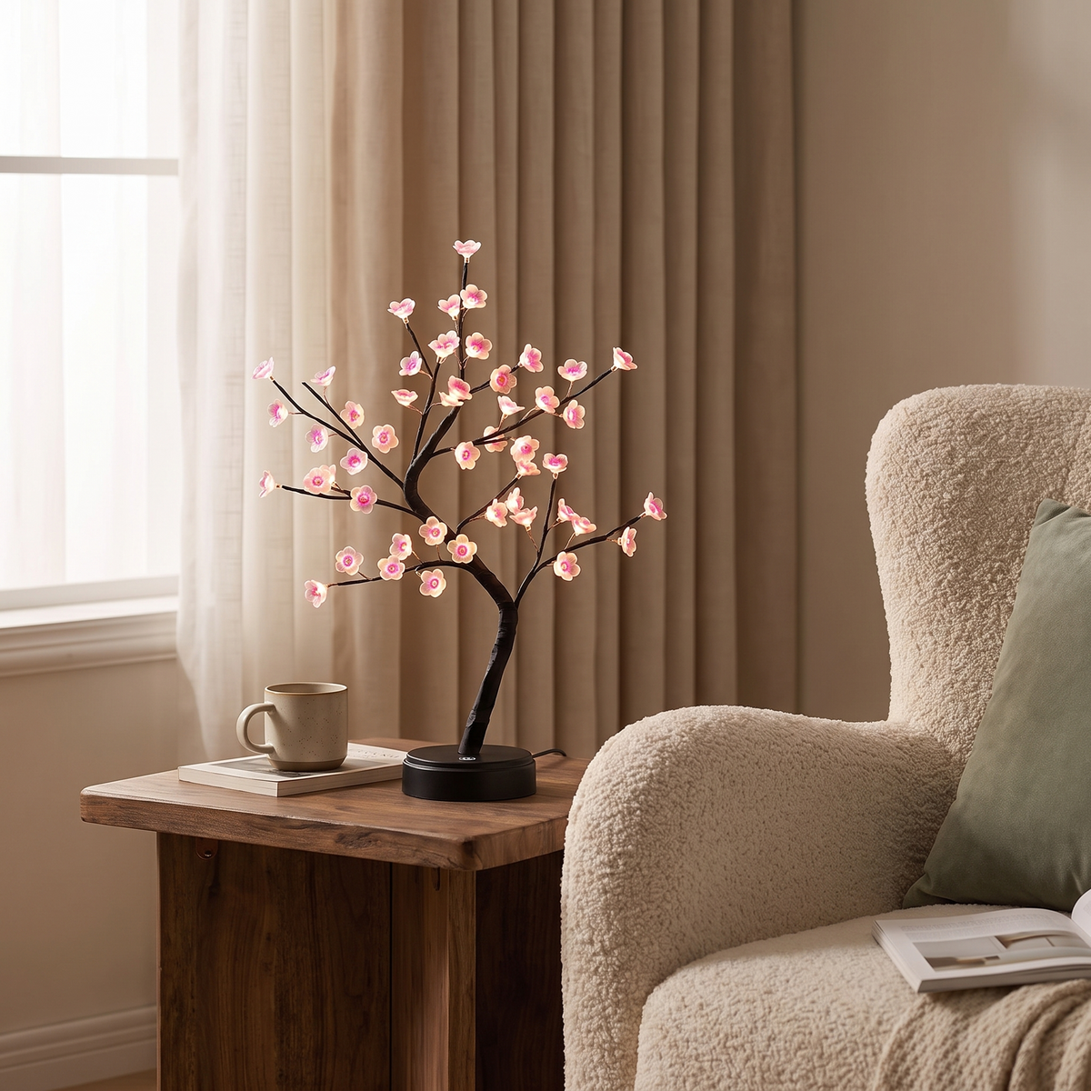 USB LED Decorative Tree Lamp with Touch Control styled in a warm household setting