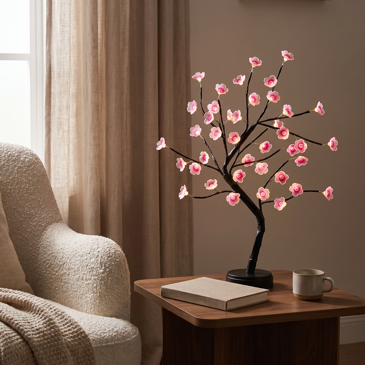 USB LED Decorative Tree Lamp with Touch Control styled in a warm household setting