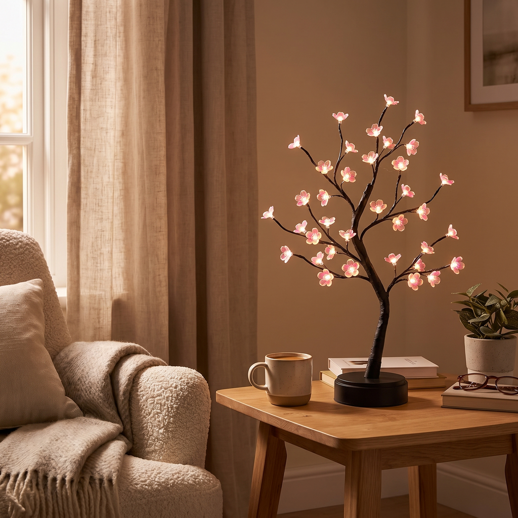 USB LED Decorative Tree Lamp with Touch Control styled in a warm household setting