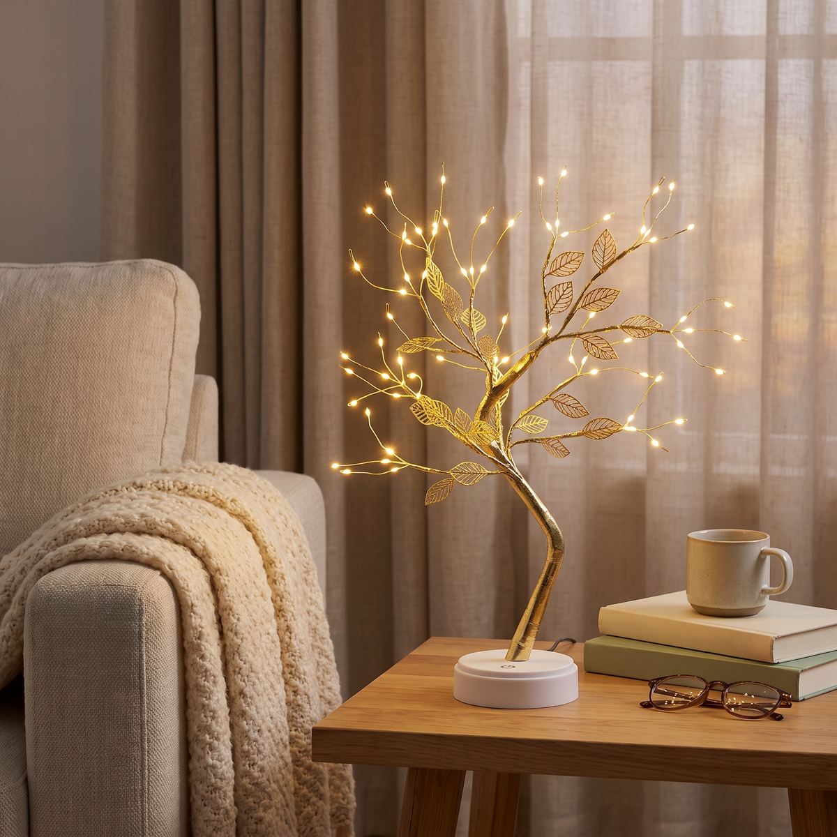 USB LED Decorative Tree Lamp with Touch Control styled in a warm household setting