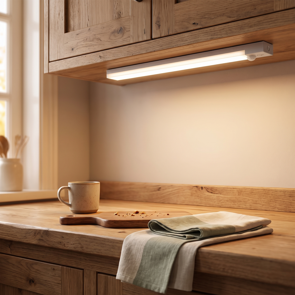 USB Rechargeable Motion Sensor Light | Magnetic Stick-On Bar styled in a warm household setting
