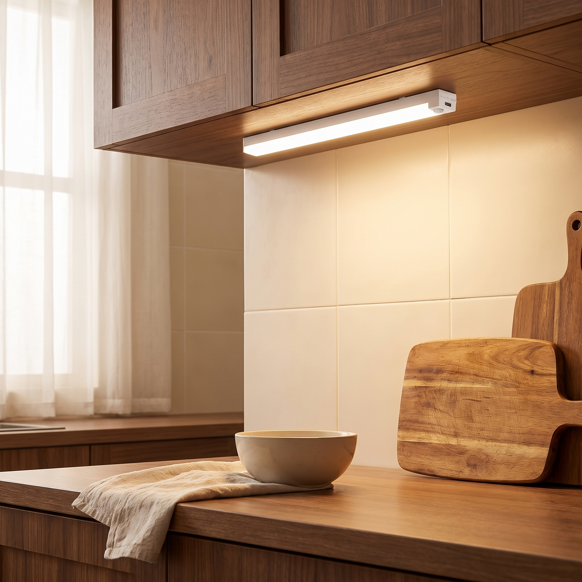 USB Rechargeable Motion Sensor Light | Magnetic Stick-On Bar styled in a warm household setting