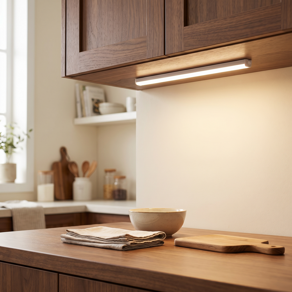 USB Rechargeable Motion Sensor Light | Magnetic Stick-On Bar styled in a warm household setting
