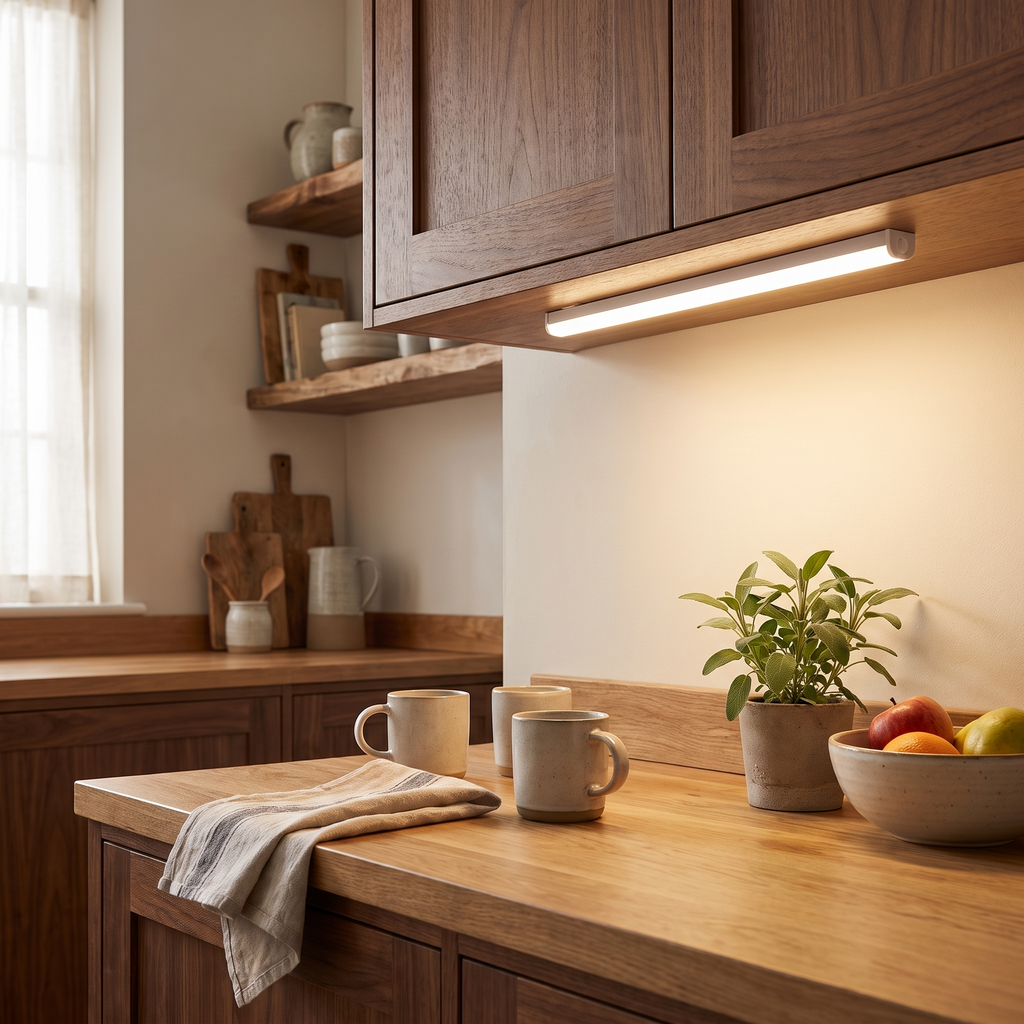 USB Rechargeable Motion Sensor Light | Magnetic Stick-On Bar styled in a warm household setting