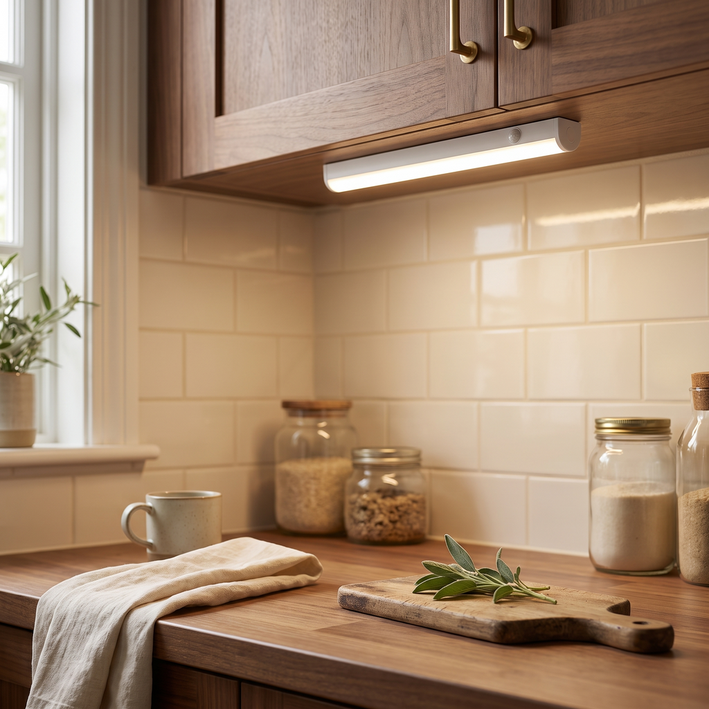 USB Rechargeable Motion Sensor Light | Magnetic Stick-On Bar styled in a warm household setting
