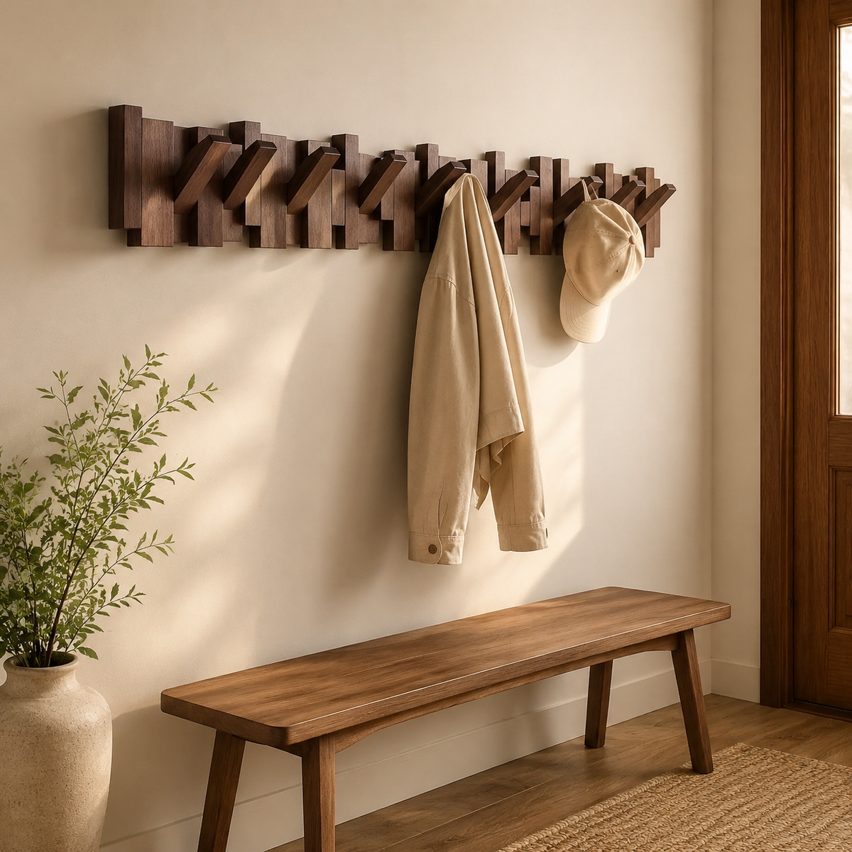 Wall-Mounted Solid Wood Coat Rack with Folding Hooks in a styled home or garden setting